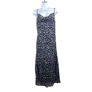 Willow Clay midi Dress sz M Navy Tan abstract art Cowl Neck Slip chiffon 90s